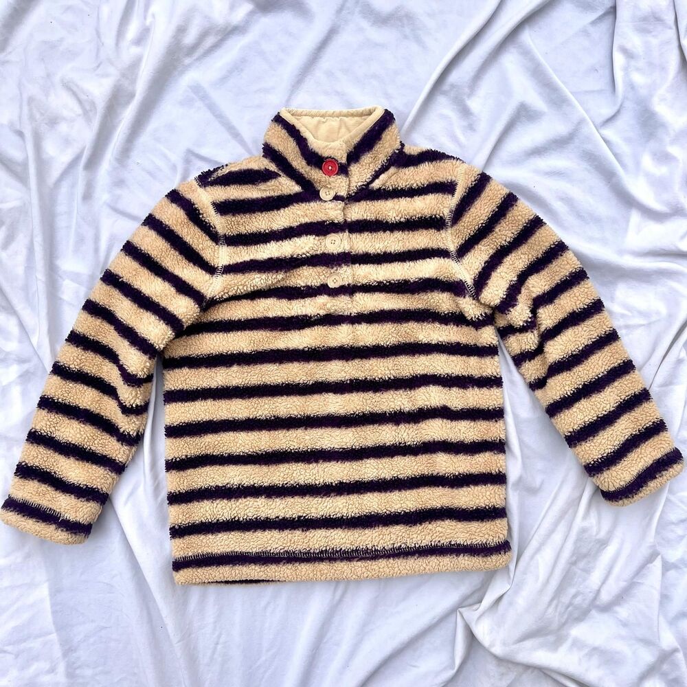 Mini Boden Girls Striped Shaggy Fleece Pullover | Size 7-8Y | Purple & Cream